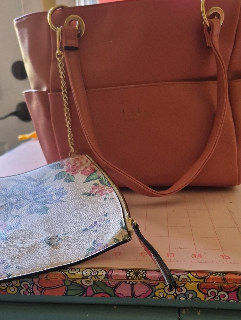 Peach Leather Tote Bag with Floral Wristlet